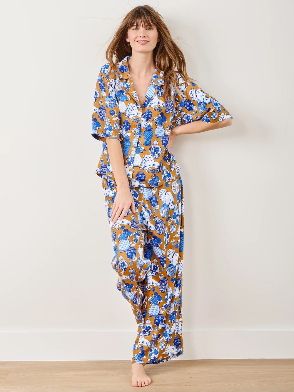 Printfresh Fancy Cat Satin Wildest Dreams Pajama Set in Tobacco